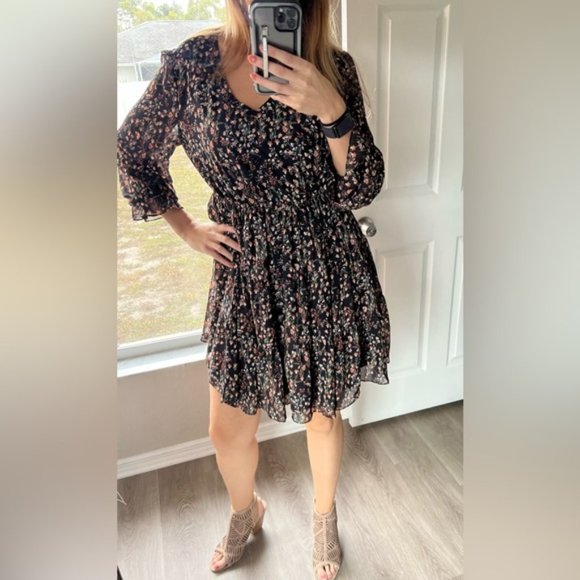 Amelia Black Floral Print Ruffled Puff Mini Dress - Picture 4 of 5